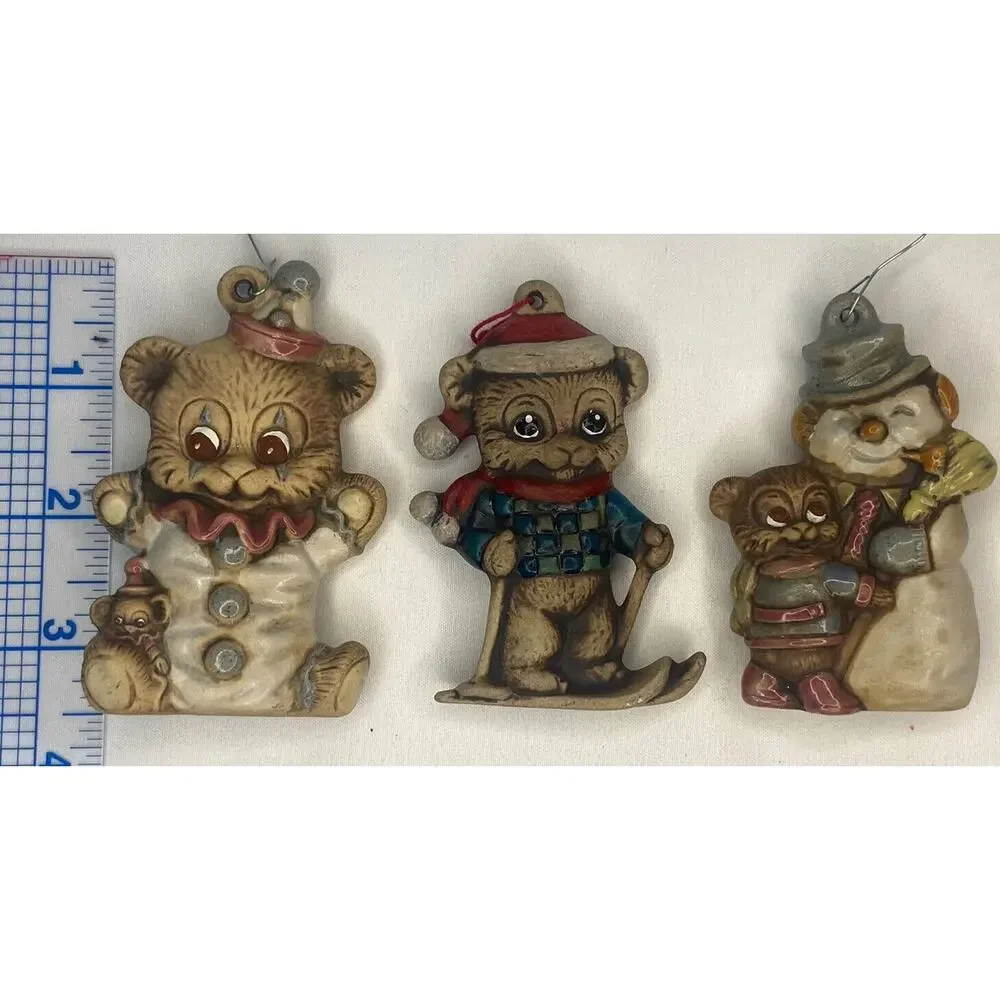 Lot of 3 Vintage Christmas Bear Ornaments Ceramic Ski Snowman Clown 80s‎